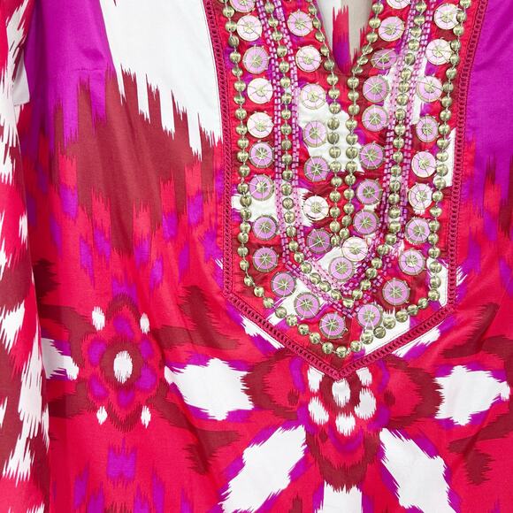 Tory Burch Iveta Embellished Ikat Silk Tunic Top Pink Red Resort Womens Size 2 - Picture 11 of 12